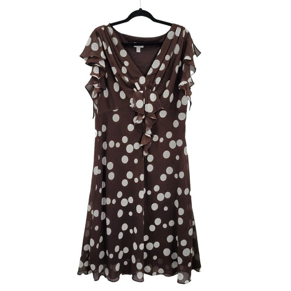 Vtg 80s Brown Polka Dot Sheer Ruffle Midi Dress Plus Sz 16W Flutter Pretty Woman